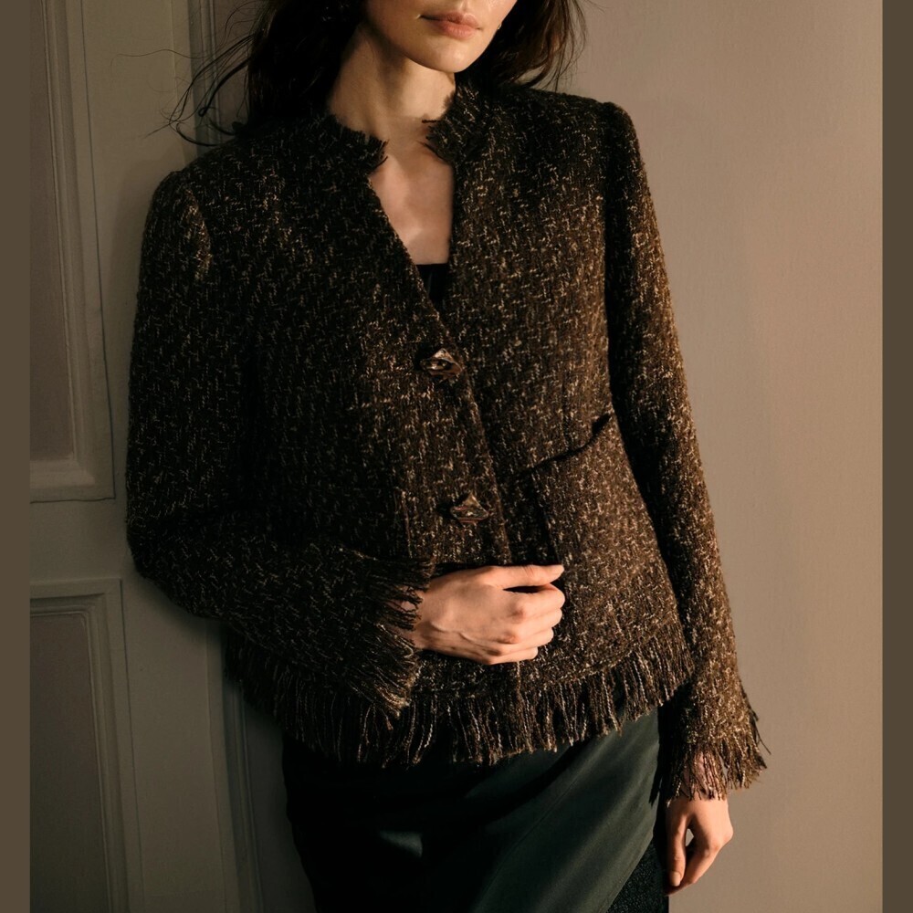 Brown Tweed Trim Collarless Button Front Short Jacket